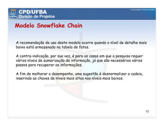 Modelo Snowflake Chain

A recomendação de uso deste modelo ocorre quando o nível de detalhe mais
baixo está armazenado na tabela de fatos.

A contra-indicação, por sua vez, é para os casos em que a pesquisa requer
vários níveis de sumarização da informação, já que são necessários vários
passos para recuperar as informações.

A fim de melhorar o desempenho, uma sugestão é desnormalizar a cadeia,
inserindo as chaves de níveis mais altos nos níveis mais baixos.




                                                                            13
 