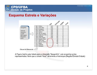 Esquema Estrela e Variações




   A Figura ilustra uma tabela para a dimensão “Geografia”, com os pontos acima
   representados. Note que a coluna “nível” determina a hierarquia (Região/Estado/Cidade)




                                                                                            4
 