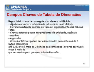 Campos Chaves de Tabela de Dimensões
Regra básica: uso de surrogates ou chaves artificiais.
– Ajudam a manter a estabilidade, através da neutralidade.
– Evitam manutenção custosa de tabelas, especialmente das tabelas
fatos.
– Chaves naturais podem ter problemas de unicidade, ausência,
tamanhos
exagerados.
– Chaves artificiais podem ser especificadas como inteiros de 4
bytes, alcançando
até 232, isto é, mais de 2 bilhões de ocorrências (inteiros positivos),
o que é mais do
que necessário para qualquer tabela dimensão.



                                                                      52
 