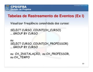 Tabelas de Rastreamento de Eventos (Ex I)
 Visualizar freqüência consolidada dos cursos:

 SELECT CURSO, COUNT(CH_CURSO)
 ... GROUP BY CURSO

 ou
 SELECT CURSO, COUNT(CH_PROFESSOR)
 ... GROUP BY CURSO

 ou CH_INSTALAÇÃO, ou CH_PROFESSOR,
 ou CH_TEMPO

                                                 61
 