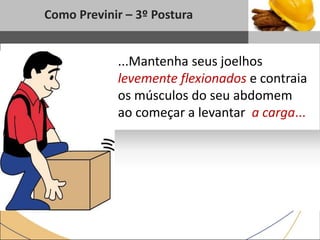 1
Como Previnir – 3º Postura
Sub headline
...Mantenha seus joelhos
levemente flexionados e contraia
os músculos do seu abdomem
ao começar a levantar a carga...
 