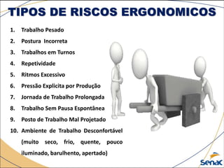 TIPOS DE RISCOS ERGONOMICOS
1. Trabalho Pesado
2. Postura Incorreta
3. Trabalhos em Turnos
4. Repetividade
5. Ritmos Excessivo
6. Pressão Explicita por Produção
7. Jornada de Trabalho Prolongada
8. Trabalho Sem Pausa Espontânea
9. Posto de Trabalho Mal Projetado
10. Ambiente de Trabalho Desconfortável
(muito seco, frio, quente, pouco
iluminado, barulhento, apertado)
 