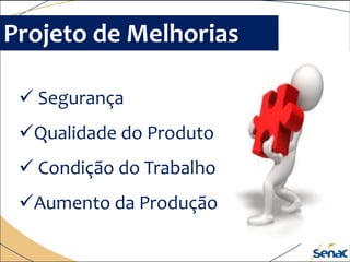 Projeto de Melhorias
 Segurança
Qualidade do Produto
 Condição do Trabalho
Aumento da Produção
 