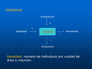 DENSIDAD
Densidad
Inmigración
Mortalidad
Emigración
Natalidad
+
_
+
_
Densidad: numero de individuos por unidad de
área o volumen.
 