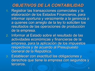 55
OBJETIVOS DE LA CONTABILIDADOBJETIVOS DE LA CONTABILIDAD
1.1. Registrar las transacciones comerciales y laRegistrar las transacciones comerciales y la
elaboración de los Estados Financieros, paraelaboración de los Estados Financieros, para
informar oportuna y verazmente a la gerencia oinformar oportuna y verazmente a la gerencia o
a quienes con arreglo de la ley lo soliciten losa quienes con arreglo de la ley lo soliciten los
resultados de las operaciones de producciónresultados de las operaciones de producción
de la empresa.de la empresa.
2.2. Informar al Estado sobre el resultado de lasInformar al Estado sobre el resultado de las
actividades económicas y financieras de laactividades económicas y financieras de la
empresa, para la aplicación de los impuestosempresa, para la aplicación de los impuestos
respectivos y de acuerdo al Presupuestorespectivos y de acuerdo al Presupuesto
General de la República.General de la República.
3.3. Establecer con exactitud las obligaciones yEstablecer con exactitud las obligaciones y
derechos que tiene la empresa con segundos yderechos que tiene la empresa con segundos y
terceros.terceros.
 