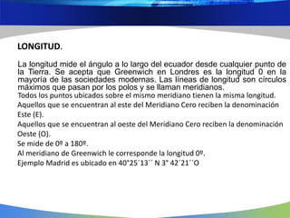 LONGITUD.
La longitud mide el ángulo a lo largo del ecuador desde cualquier punto de
la Tierra. Se acepta que Greenwich en Londres es la longitud 0 en la
mayoría de las sociedades modernas. Las líneas de longitud son círculos
máximos que pasan por los polos y se llaman meridianos.
Todos los puntos ubicados sobre el mismo meridiano tienen la misma longitud.
Aquellos que se encuentran al este del Meridiano Cero reciben la denominación
Este (E).
Aquellos que se encuentran al oeste del Meridiano Cero reciben la denominación
Oeste (O).
Se mide de 0º a 180º.
Al meridiano de Greenwich le corresponde la longitud 0º.
Ejemplo Madrid es ubicado en 40°25´13´´ N 3° 42´21´´O
 