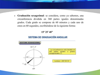  Graduación sexagesimal: se considera, como ya sabemos, una
circunferencia dividida en 360 partes iguales denominadas
grados. Cada grado se compone de 60 minutos y cada uno de
estos en 60 segundos, escribiéndose de la siguiente forma:
15º 25’ 48”
 