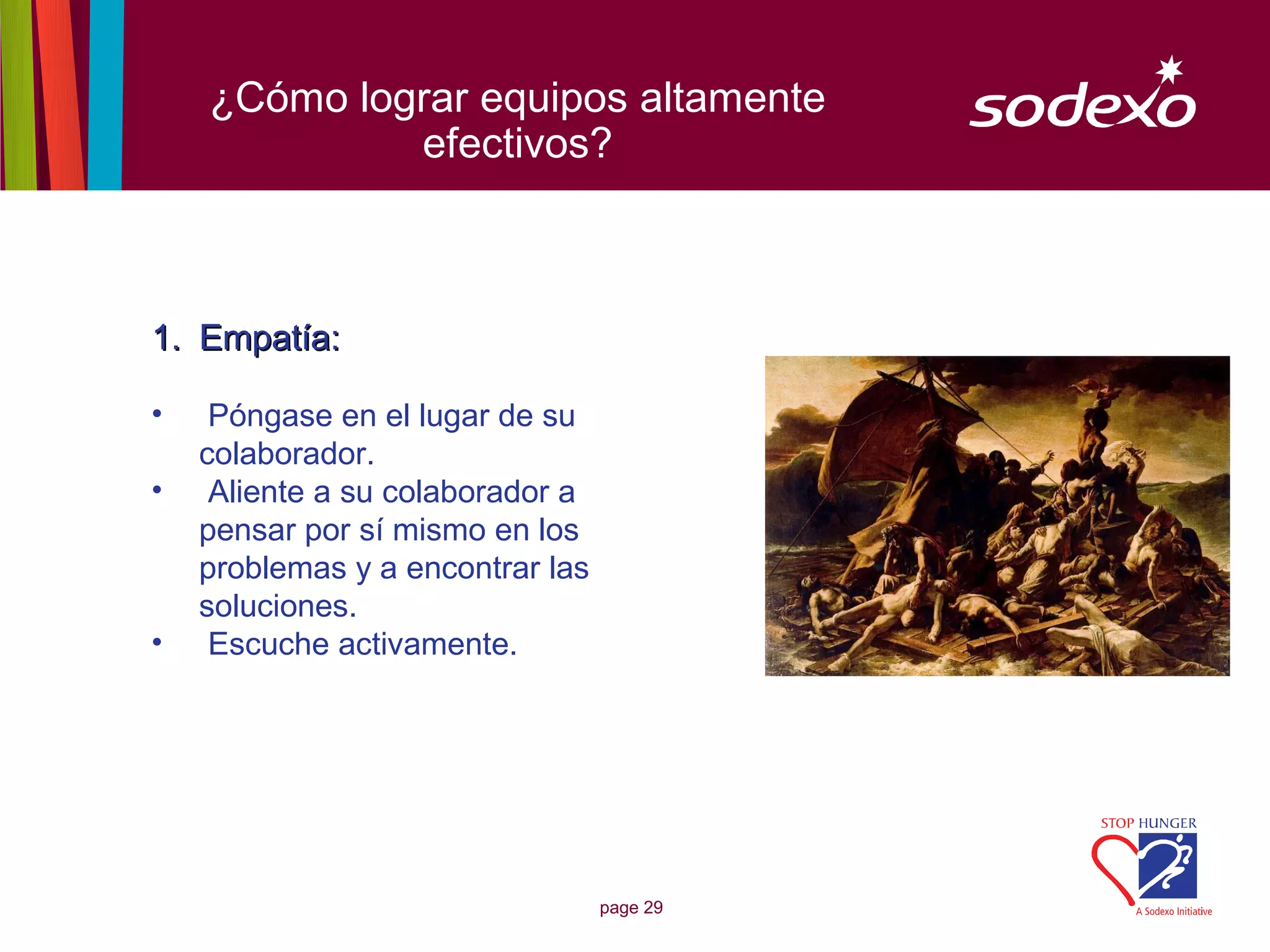 ¿Cómo lograr equipos altamente
             efectivos?



1. Empatía:

•    Póngase en el lugar de su
    colaborador.
•    Aliente a su colaborador a
    pensar por sí mismo en los
    problemas y a encontrar las
    soluciones.
•    Escuche activamente.




                                  page 29
 