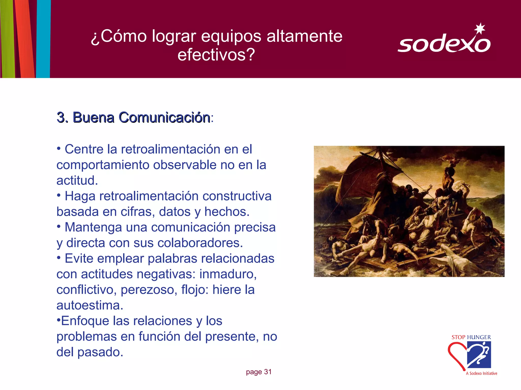 ¿Cómo lograr equipos altamente
              efectivos?


3. Buena Comunicación:

• Centre la retroalimentación en el
comportamiento observable no en la
actitud.
• Haga retroalimentación constructiva
basada en cifras, datos y hechos.
• Mantenga una comunicación precisa
y directa con sus colaboradores.
• Evite emplear palabras relacionadas
con actitudes negativas: inmaduro,
conflictivo, perezoso, flojo: hiere la
autoestima.
•Enfoque las relaciones y los
problemas en función del presente, no
del pasado.
                                page 31
 