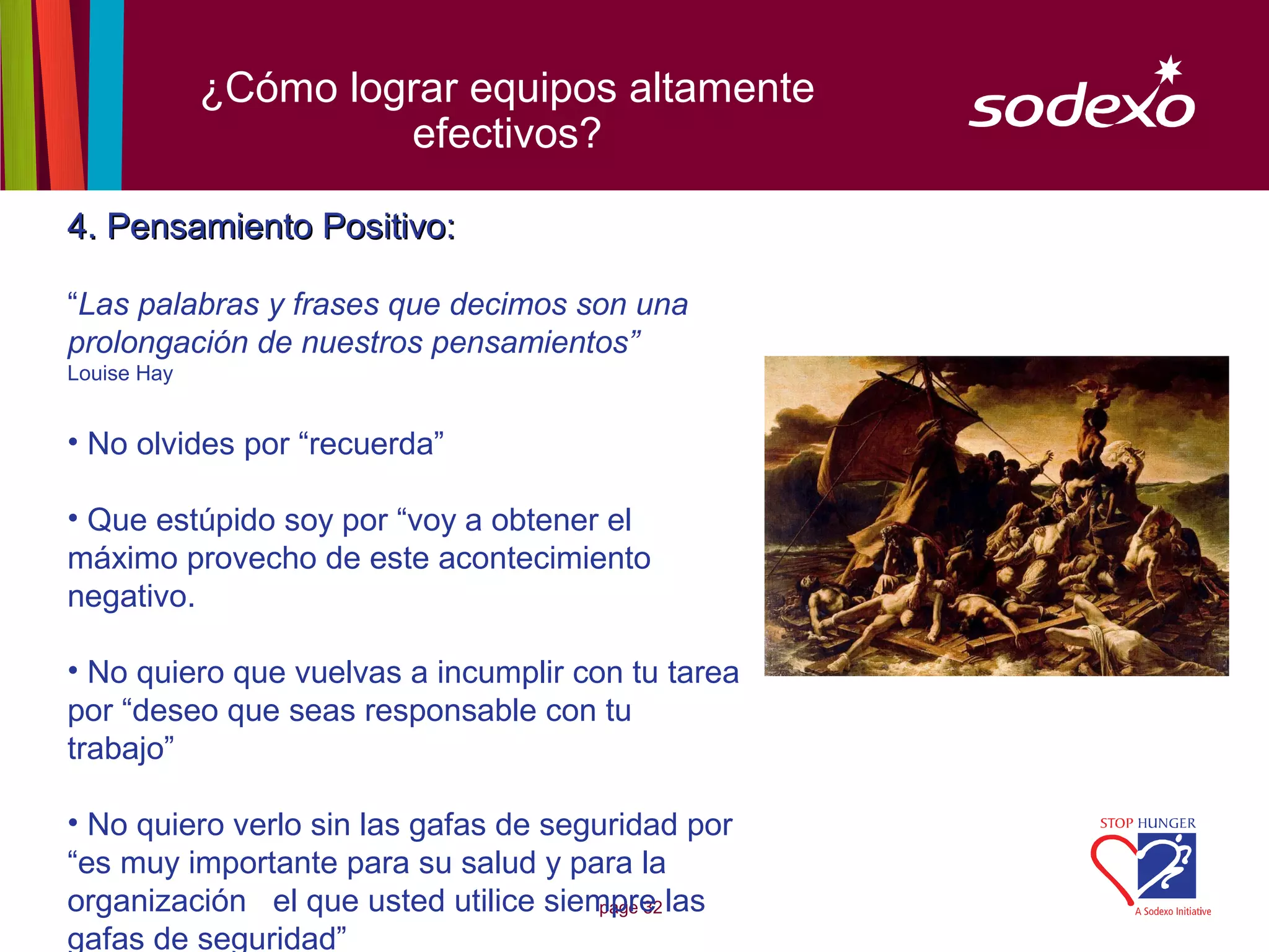 ¿Cómo lograr equipos altamente
                      efectivos?

4. Pensamiento Positivo:

“Las palabras y frases que decimos son una
prolongación de nuestros pensamientos”
Louise Hay


• No olvides por “recuerda”

• Que estúpido soy por “voy a obtener el
máximo provecho de este acontecimiento
negativo.

• No quiero que vuelvas a incumplir con tu tarea
por “deseo que seas responsable con tu
trabajo”

• No quiero verlo sin las gafas de seguridad por
“es muy importante para su salud y para la
organización el que usted utilice siempre las
                                       page 32

gafas de seguridad”
 