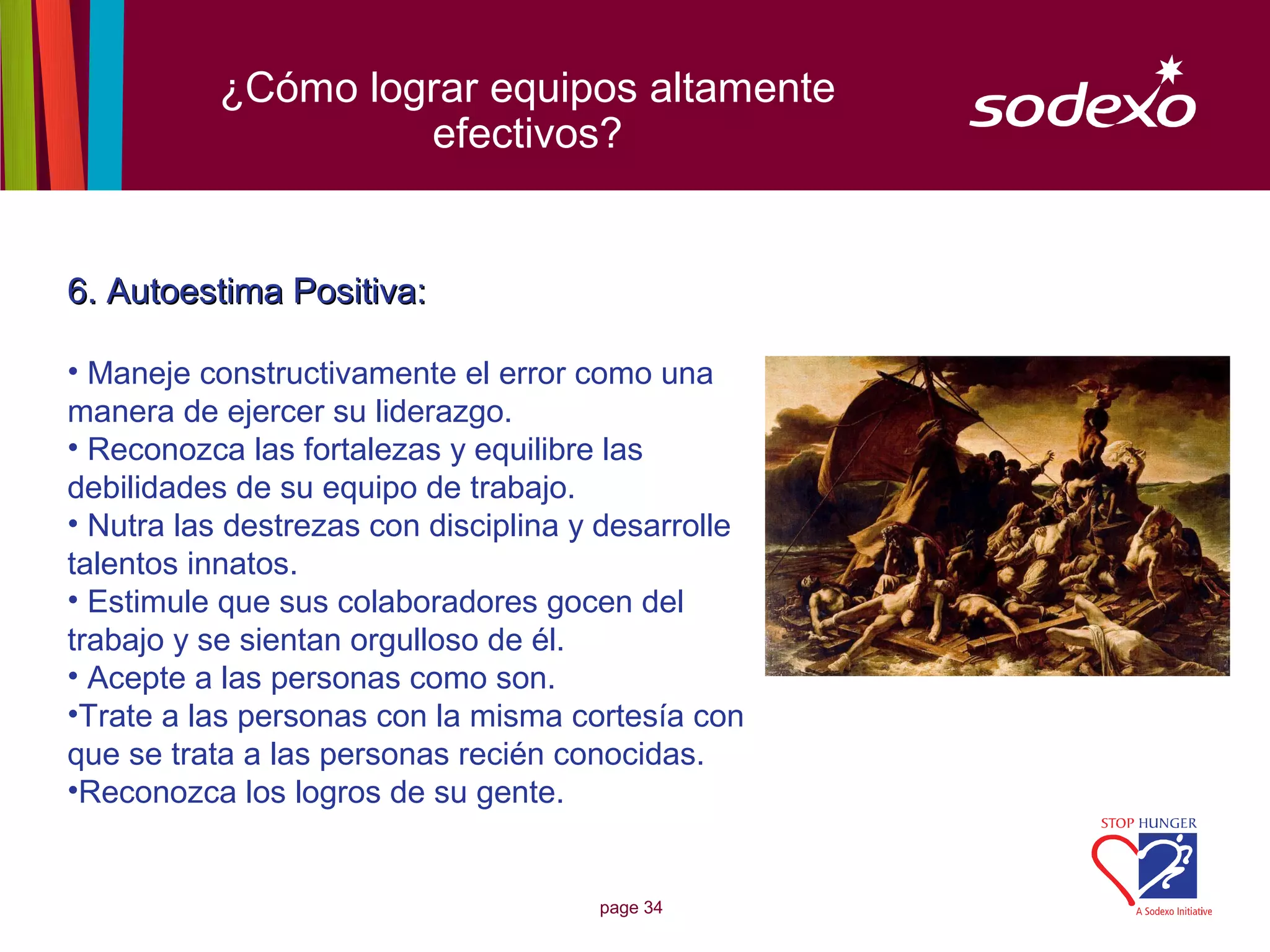 ¿Cómo lograr equipos altamente
                   efectivos?


6. Autoestima Positiva:

• Maneje constructivamente el error como una
manera de ejercer su liderazgo.
• Reconozca las fortalezas y equilibre las
debilidades de su equipo de trabajo.
• Nutra las destrezas con disciplina y desarrolle
talentos innatos.
• Estimule que sus colaboradores gocen del
trabajo y se sientan orgulloso de él.
• Acepte a las personas como son.
•Trate a las personas con la misma cortesía con
que se trata a las personas recién conocidas.
•Reconozca los logros de su gente.


                                      page 34
 