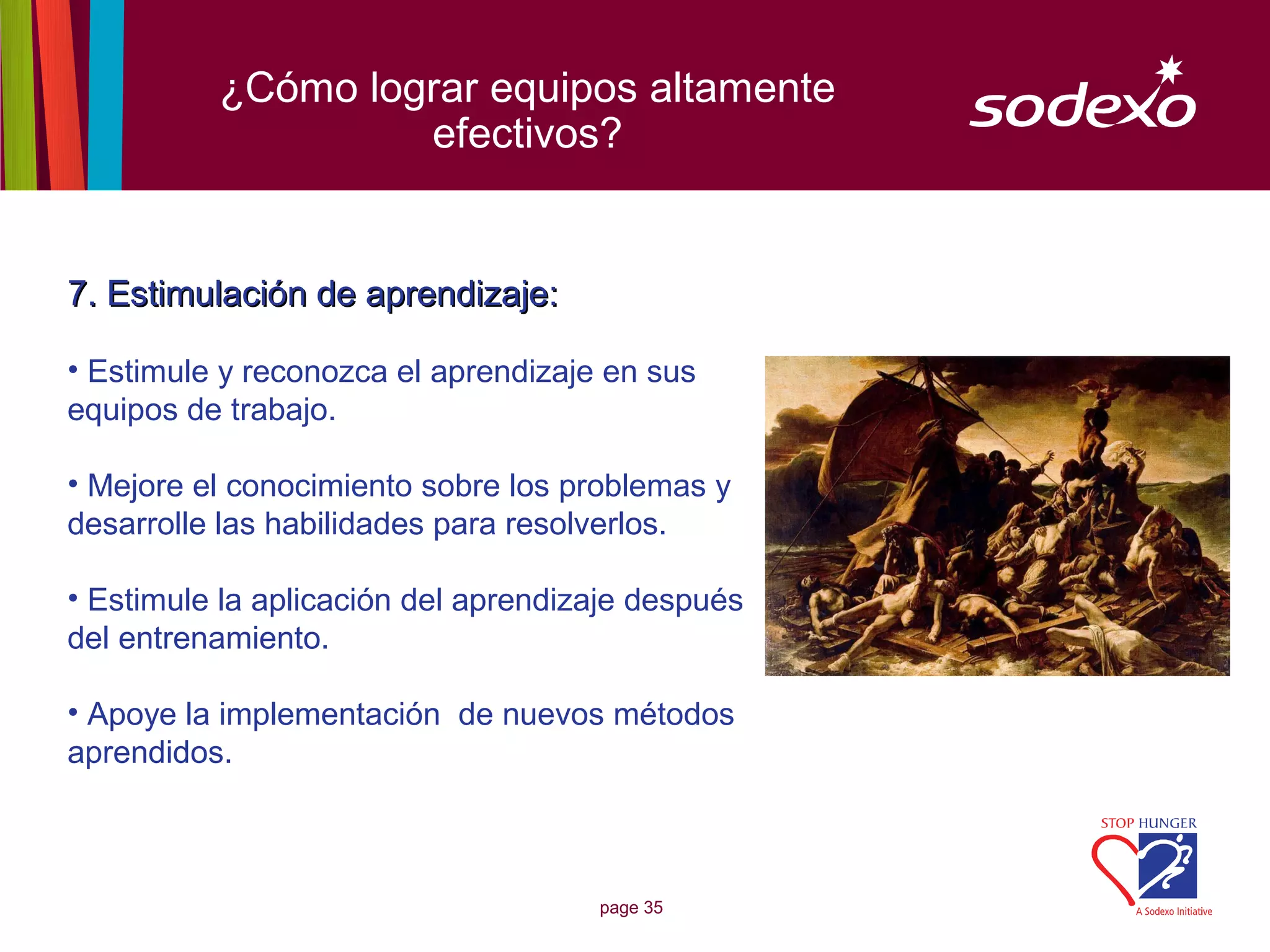 ¿Cómo lograr equipos altamente
                   efectivos?


7. Estimulación de aprendizaje:

• Estimule y reconozca el aprendizaje en sus
equipos de trabajo.

• Mejore el conocimiento sobre los problemas y
desarrolle las habilidades para resolverlos.

• Estimule la aplicación del aprendizaje después
del entrenamiento.

• Apoye la implementación de nuevos métodos
aprendidos.



                                     page 35
 