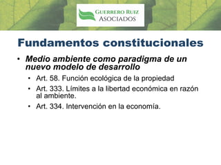 Fundamentos constitucionales
• Medio ambiente como paradigma de un
nuevo modelo de desarrollo
• Art. 58. Función ecológica de la propiedad
• Art. 333. Límites a la libertad económica en razón
al ambiente.
• Art. 334. Intervención en la economía.
 