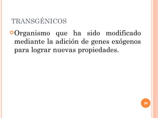 TRANSGÉNICOS
 Organismo   que ha sido modificado
 mediante la adición de genes exógenos
 para lograr nuevas propiedades.




                                         30
 
