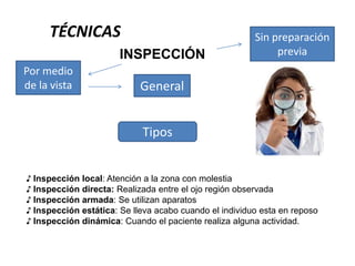 TÉCNICAS                                           Sin preparación
                       INSPECCIÓN                            previa
Por medio
de la vista                 General


                            Tipos


♪ Inspección local: Atención a la zona con molestia
♪ Inspección directa: Realizada entre el ojo región observada
♪ Inspección armada: Se utilizan aparatos
♪ Inspección estática: Se lleva acabo cuando el individuo esta en reposo
♪ Inspección dinámica: Cuando el paciente realiza alguna actividad.
 