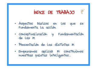 • Aspectos básicos en los que se
fundamenta la acción.
• Conceptualización y fundamentación
de las IM.
• Presentación de las distintas IM.
• Empezamos aplicar IM: construimos
nuestras paletas inteligentes…
ÍÍÍÍNDICE DE TRABAJONDICE DE TRABAJONDICE DE TRABAJONDICE DE TRABAJO
 