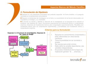 Aspectos Básicos del Método Científico

2. Formulación de Hipótesis
   Hipótesis es una proposición enunciativa que pretende responder, de forma tentativa, a la pregunta
formulada en el planteamiento del problema.
   Requiere la familiaridad del investigador con el tema, su conocimiento de las teorías relacionadas con
el problema a investigar, y su creatividad.
   Su función es orientar y delimitar la dirección de la investigación en la búsqueda de la solución al
problema. Hay hipótesis de 4 tipos: Ocurrencias (suposiciones sin fundamento teórico ni comprobación
empírica), Empíricas (sin fundamentos teóricos pero comprobadas experimentalmente), Plausibles (con
fundamento teórico pero sin comprobación experimental) y Convalidadas (con fundamento teórico y
comprobación empírica).
                                        Criterios para su formulación

                                                  1.     Apoyarse en conocimientos comprobados y
                                                         estar relacionada con otras teorías
                                                         científicas
                                                  2.     Tener la posibilidad de ser sometida a
                                                         prueba
                                                  3.     Ser precisa para evitar errores
                                                  4.     Debe definir la variable dependiente y las
                                                         variables independientes
                                                  5.     Enunciarse mediante la forma lógica de
                                                         implicación general: “Si …, entonces …”




                                                                                                            6
 