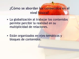 ¿Cómo se abordan los contenidos en el
              nivel básico?
• La globalización al trabajar los contenidos
  permite percibir la realidad en su
  multiplicidad de relaciones.

• Están organizados en ejes temáticos y
  bloques de contenidos.
 