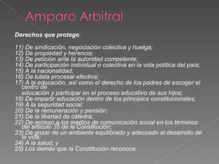 Derechos que protege:

11) De sindicación, negociación colectiva y huelga;
12) De propiedad y herencia;
13) De petición ante la autoridad competente;
14) De participación individual o colectiva en la vida política del país;
15) A la nacionalidad;
16) De tutela procesal efectiva;
17) A la educación, así como el derecho de los padres de escoger el
  centro de
  educación y participar en el proceso educativo de sus hijos;
18) De impartir educación dentro de los principios constitucionales;
19) A la seguridad social;
20) De la remuneración y pensión;
21) De la libertad de cátedra;
22) De acceso a los medios de comunicación social en los términos
  del artículo 35 de la Constitución;
23) De gozar de un ambiente equilibrado y adecuado al desarrollo de
  la vida;
24) A la salud; y
25) Los demás que la Constitución reconoce.
 