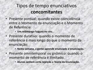 Tipos de tempo enunciativos
concomitantes
• Presente pontual: quando existe coincidência
entre o Momento da enunciação e o Momento
de Referência:
• Um relâmpago fulgura no céu.

• Presente durativo: quando o momento de
referência é mais longo do que o momento da
enunciação:
• Nesta semana, a gente aprende enunciado e enunciação.

• Presente omnitemporal ou gnômico: quando o
momento de referência é ilimitado.
• Alunos sentem certa rejeição a Teoria da Enunciação.

 