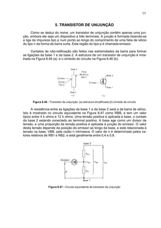 11
11
5. TRANSISTOR DE UNIJUNÇÃO
Como se deduz do nome, um transistor de unijunção contêm apenas uma jun-
ção, embora ele seja um dispositivo a três terminais. A junção é formada fazendo-se
a liga da impureza tipo p num ponto ao longo do comprimento de uma fatia de silício
do tipo n da forma de barra curta. Esta região do tipo p é chamada emissor.
Contatos de não-retificação são feitos nas extremidades da barra para formar
as ligações da base 1 e da base 2. A estrutura de um transistor de unijunção é mos-
trada na Figura 8.46 (a), e o símbolo do circuito na Figura 8.46 (b).
Figura 8.46 - Transistor de unijunção: (a) estrutura simplificada (b) símbolo de circuito
A resistência entre as ligações da base 1 e da base 2 será a da barra de silício.
Isto é mostrado no circuito equivalente na Figura 8.47 como RBB, e tem um valor
típico entre 4 k ohms e 12 k ohms. Uma tensão positiva é aplicada à base, o contato
da base 2 estando conectado ao terminal positivo. A base age como um divisor de
tensão, e uma proporção da tensão positiva é aplicada à junção do emissor. O valor
desta tensão depende da posição do emissor ao longo da base, e está relacionada à
tensão na base, VBB, pela razão n intrínseca. O valor de n é determinado pelos va-
lores relativos de RB1 e RB2, e está geralmente entre 0,4 e 0,8.
Figura 8.47 - Circuito equivalente de transistor de unijunção
 