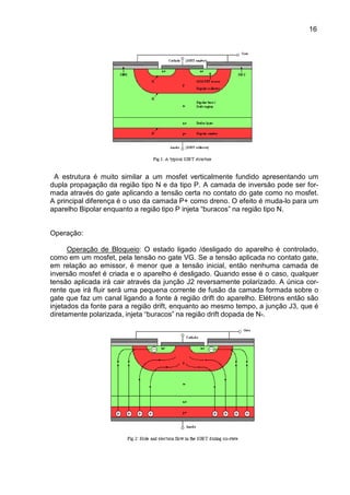 16
16
A estrutura é muito similar a um mosfet verticalmente fundido apresentando um
dupla propagação da região tipo N e da tipo P. A camada de inversão pode ser for-
mada através do gate aplicando a tensão certa no contato do gate como no mosfet.
A principal diferença é o uso da camada P+ como dreno. O efeito é muda-lo para um
aparelho Bipolar enquanto a região tipo P injeta “buracos” na região tipo N.
Operação:
Operação de Bloqueio: O estado ligado /desligado do aparelho é controlado,
como em um mosfet, pela tensão no gate VG. Se a tensão aplicada no contato gate,
em relação ao emissor, é menor que a tensão inicial, então nenhuma camada de
inversão mosfet é criada e o aparelho é desligado. Quando esse é o caso, qualquer
tensão aplicada irá cair através da junção J2 reversamente polarizado. A única cor-
rente que irá fluir será uma pequena corrente de fusão da camada formada sobre o
gate que faz um canal ligando a fonte à região drift do aparelho. Elétrons então são
injetados da fonte para a região drift, enquanto ao mesmo tempo, a junção J3, que é
diretamente polarizada, injeta “buracos” na região drift dopada de N-.
 