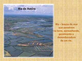 Ria de AveiroRia – braços de marque penetramna terra, aproveitando,geralmente a desembocadurade um rio.