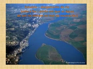 Estuário – alargamento do rio junto à foz ( ponto em que as águasde um rio entram no mar ou noutro rio )