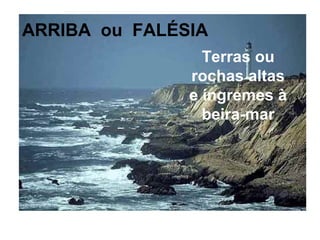 ARRIBA ou FALÉSIA
Terras ou
rochas altas
e íngremes à
beira-mar

 