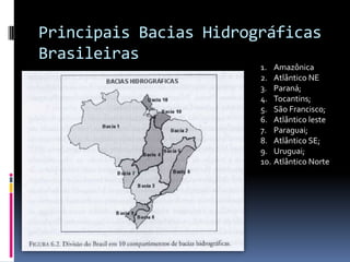 Principais Bacias Hidrográficas
Brasileiras
1. Amazônica
2. Atlântico NE
3. Paraná;
4. Tocantins;
5. São Francisco;
6. Atlântico leste
7. Paraguai;
8. Atlântico SE;
9. Uruguai;
10. Atlântico Norte
 