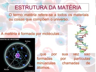 ESTRUTURA DA MATÉRIA A  matéria  é formada por moléculas... O termo  matéria  refere-se a todos os materiais ou coisas que compõem o universo. ...que por sua vez são formadas por partículas minúsculas chamadas de átomos. 