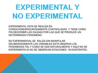 EXPERIMENTA: ESTA SE REALIZA EN
CONDICIONESRIGUROSAMENTE CONTROLADAS Y TIENE COMO
FIN DESCRIBIR LAS CAUSAS POR LAS QUE SE PRODUCE UN
DETERMINADO FENOMENO.

NO EXPERIMENTAL:SE RALIZA SIN MANIPULAR
DELIBERADAMENTE LAS VARIABLES ESTA OBSERVA LOS
FENOMENOS TAL Y COMO SE DAN NATURALMENTE Y AQUÍ NO SE
EXPERIMENTA SI NO SE OBSERVAN SITACIONES YA EXISTENTES.
 