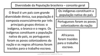 NOME / DISCIPLINA / SÉRIE – ANO
ACOMPANHE ESTA AULA TAMBÉM NO YOUTUBE
Diversidade da População brasileira – conceito geral...