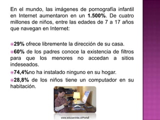 En el mundo, las imágenes de pornografía infantil
en Internet aumentaron en un 1.500%. De cuatro
millones de niños, entre las edades de 7 a 17 años
que navegan en Internet:

29%  ofrece libremente la dirección de su casa.
60% de los padres conoce la existencia de filtros
para que los menores no accedan a sitios
indeseados.
74,4%no ha instalado ninguno en su hogar.
28,8% de los niños tiene un computador en su
habitación.




                    www.educarchile.cl/Portal
 