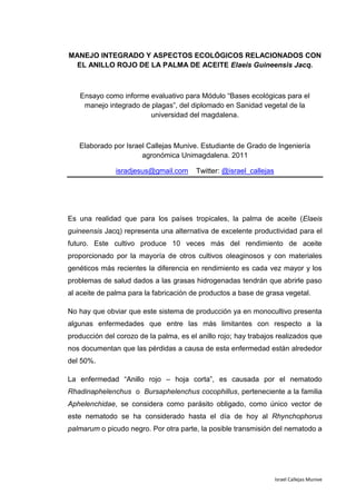 MANEJO INTEGRADO Y ASPECTOS ECOLÓGICOS RELACIONADOS CON
  EL ANILLO ROJO DE LA PALMA DE ACEITE Elaeis Guineensis Jacq.



   Ensayo como informe evaluativo para Módulo “Bases ecológicas para el
    manejo integrado de plagas”, del diplomado en Sanidad vegetal de la
                        universidad del magdalena.



   Elaborado por Israel Callejas Munive. Estudiante de Grado de Ingeniería
                      agronómica Unimagdalena. 2011

               isradjesus@gmail.com     Twitter: @israel_callejas




Es una realidad que para los países tropicales, la palma de aceite (Elaeis
guineensis Jacq) representa una alternativa de excelente productividad para el
futuro. Este cultivo produce 10 veces más del rendimiento de aceite
proporcionado por la mayoría de otros cultivos oleaginosos y con materiales
genéticos más recientes la diferencia en rendimiento es cada vez mayor y los
problemas de salud dados a las grasas hidrogenadas tendrán que abrirle paso
al aceite de palma para la fabricación de productos a base de grasa vegetal.

No hay que obviar que este sistema de producción ya en monocultivo presenta
algunas enfermedades que entre las más limitantes con respecto a la
producción del corozo de la palma, es el anillo rojo; hay trabajos realizados que
nos documentan que las pérdidas a causa de esta enfermedad están alrededor
del 50%.

La enfermedad “Anillo rojo – hoja corta”, es causada por el nematodo
Rhadinaphelenchus o Bursaphelenchus cocophillus, perteneciente a la familia
Aphelenchidae, se considera como parásito obligado, como único vector de
este nematodo se ha considerado hasta el día de hoy al Rhynchophorus
palmarum o picudo negro. Por otra parte, la posible transmisión del nematodo a




                                                                    Israel Callejas Munive
 