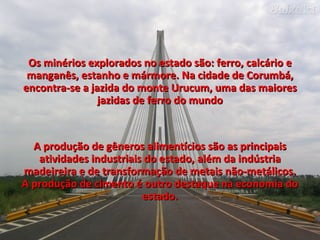 Os minérios explorados no estado são: ferro, calcário e manganês, estanho e mármore. Na cidade de Corumbá, encontra-se a jazida do monte Urucum, uma das maiores jazidas de ferro do mundo A produção de gêneros alimentícios são as principais atividades industriais do estado, além da indústria madeireira e de transformação de metais não-metálicos. A produção de cimento é outro destaque na economia do estado. 