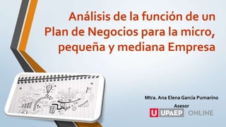 Análisis de la función de un
Plan de Negocios para la micro,
pequeña y mediana Empresa
Mtra. Ana Elena García Pumarino
Asesor
 