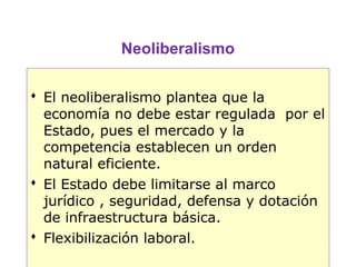 Neoliberalismo

 El neoliberalismo plantea que la
  economía no debe estar regulada por el
  Estado, pues el mercado y la
  competencia establecen un orden
  natural eficiente.
 El Estado debe limitarse al marco
  jurídico , seguridad, defensa y dotación
  de infraestructura básica.
 Flexibilización laboral.
                                         5
 