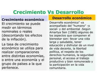Crecimiento Vs Desarrollo
                               Desarrollo económico
Crecimiento económico
                             Desarrollo económico" va
El crecimiento se puede
                             acompañado del "humano" -o
medir en términos            social- y del ambiental .Según
nominales o reales           Amartya Sen (1985) algunos de
(descontando los efectos     los aspectos que componen el
de la inflación).            bienestar son: llevar una vida
                             larga y saludable, tener
La tasa de crecimiento       educación y disfrutar de un nivel
económico se utiliza para    de vida decente, la libertad
realizar comparaciones       política, el respeto de los
entre distintas economías,   derechos humanos, la seguridad
                             personal, el acceso al trabajo
o entre una economía y el    productivo y bien remunerado y
grupo de países a la que     la participación en la vida
pertenece.                   comunitaria.                 9
 