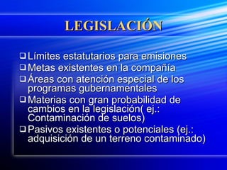 LEGISLACIÓN Límites estatutarios para emisiones Metas existentes en la compañía Áreas con atención especial de los programas gubernamentales Materias con gran probabilidad de cambios en la legislación( ej.: Contaminación de suelos) Pasivos existentes o potenciales (ej.: adquisición de un terreno contaminado) 