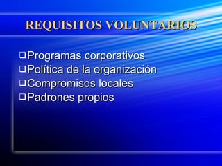 REQUISITOS VOLUNTARIOS Programas corporativos Política de la organización Compromisos locales Padrones propios 