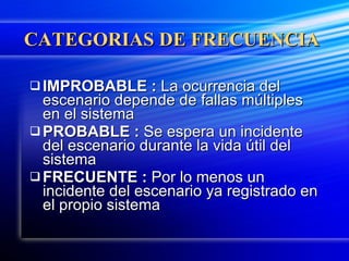 CATEGORIAS DE FRECUENCIA IMPROBABLE :  La ocurrencia del escenario depende de fallas múltiples en el sistema PROBABLE :  Se espera un incidente del escenario durante la vida útil del sistema FRECUENTE :  Por lo menos un incidente del escenario ya registrado en el propio sistema 