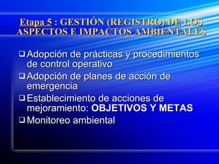 Etapa 5  : GESTIÓN (REGISTRO) DE LOS ASPECTOS E IMPACTOS AMBIENTALES Adopción de prácticas y procedimientos de control operativo Adopción de planes de acción de emergencia Establecimiento de acciones de mejoramiento:  OBJETIVOS Y METAS Monitoreo ambiental 