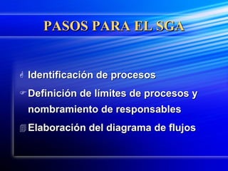 PASOS PARA EL SGA Identificación de procesos Definición de límites de procesos y nombramiento de responsables Elaboración del diagrama de flujos 