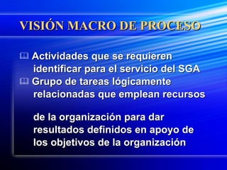 VISIÓN MACRO DE PROCESO Actividades que se requieren  identificar para el servicio del SGA Grupo de tareas lógicamente    relacionadas que emplean recursos  de la organización para dar  resultados definidos en apoyo de  los objetivos de la organización 