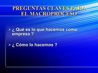 PREGUNTAS CLAVES PARA EL MACROPROCESO ¿ Qué es lo que hacemos como empresa ? ¿ Cómo lo hacemos ? 