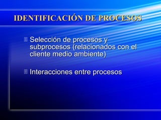 IDENTIFICACIÓN DE PROCESOS Selección de procesos y subprocesos (relacionados con el cliente medio ambiente) Interacciones entre procesos 
