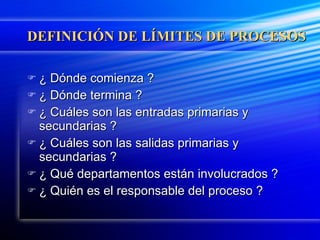 DEFINICIÓN DE LÍMITES DE PROCESOS ¿ Dónde comienza ?  ¿ Dónde termina ? ¿ Cuáles son las entradas primarias y secundarias ? ¿ Cuáles son las salidas primarias y secundarias ? ¿ Qué departamentos están involucrados ? ¿ Quién es el responsable del proceso ? 