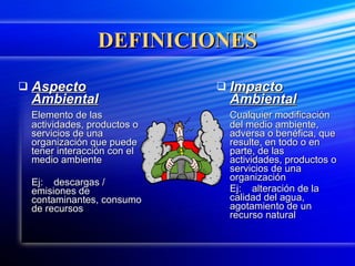 DEFINICIONES Aspecto Ambiental Elemento de las actividades, productos o servicios de una organización que puede tener interacción con el medio ambiente Ej: descargas / emisiones de contaminantes, consumo de recursos Impacto Ambiental Cualquier modificación del medio ambiente, adversa o benéfica, que resulte, en todo o en parte, de las actividades, productos o servicios de una organización Ej: alteración de la calidad del agua, agotamiento de un recurso natural 