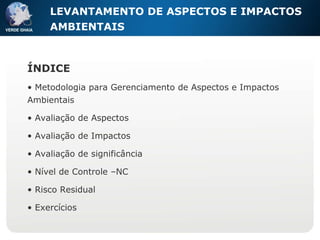 ÍNDICE Metodologia para Gerenciamento de Aspectos e Impactos Ambientais Avaliação de Aspectos Avaliação de Impactos Avaliação de significância Nível de Controle –NC Risco Residual Exercícios LEVANTAMENTO DE ASPECTOS E IMPACTOS AMBIENTAIS 